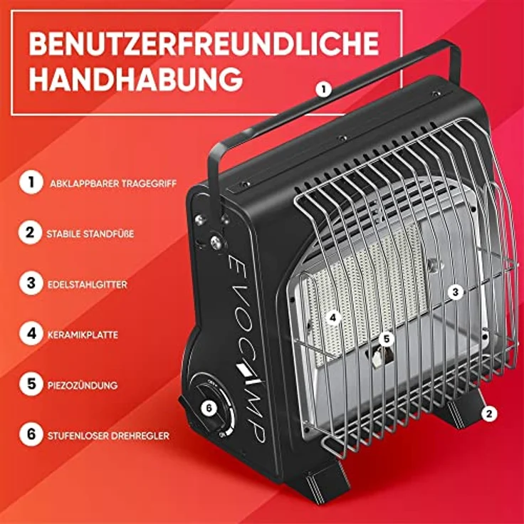 EVOCAMP tragbare Gasheizung und Gaskocher 2-in-1, Camping Heizung mit hoher Leistung 1,7 kW, multifunktionale Keramikheizung, perfekte Wärmequelle ohne Strom, Heizstrahler Gas (ohne Gaskartuschen) – Bild 3