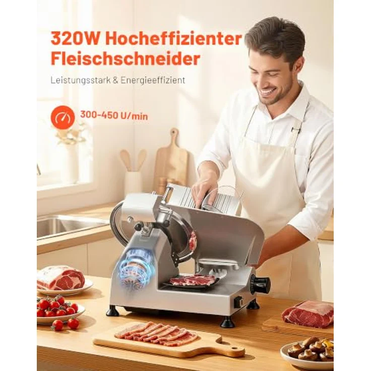 VEVOR Elektrische Aufschnittmaschine 300 mm, 320 W Allesschneider mit integriertem Schärfer, 0-15 mm Schnittstärke für gefrorenes Fleisch und Schinken – Bild 2