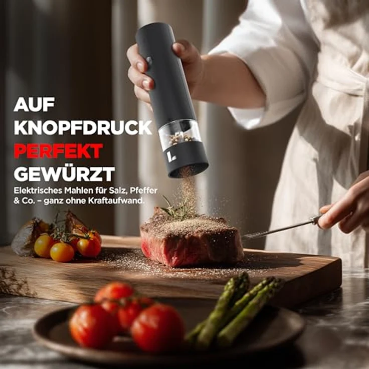 LUNARIA Elektrische Gewürzmühle [PREMIUM] – Wiederaufladbare Pfeffer- und Salzmühle mit einstellbarem Mahlgrad, LED-Beleuchtung und hochwertigem Design für Küche & Tisch – Bild 3