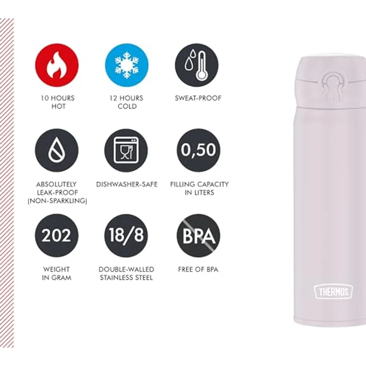 THERMOS ULTRALIGHT BOTTLE 0,50l, Thermosflasche aus Edelstahl, soft pink mat, 10 h heiß / 24 h kalt, absolut dicht für Wasser, Tee, stille Getränke – Bild 5