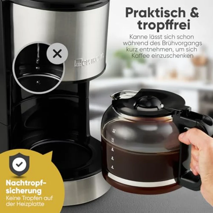 CLATRONIC Filterkaffeemaschine KA 3808, Filterkaffeemaschine für 12 - 14 Tassen Kaffee, Edelstahlfront, Nachtropfsicherung, 800W, blau – Bild 4