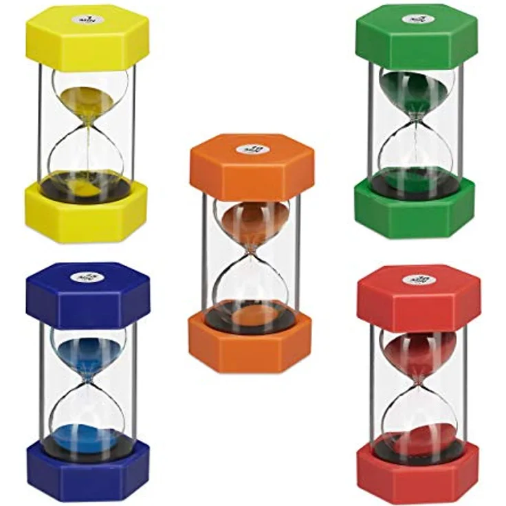 relaxdays Sanduhr XXL Sanduhren Set, 5er Set mit bunten Zeitmessern für 1 / 5 / 10 / 15 / 30 Minuten, bruchsicheres Gehäuse aus Kunststoff