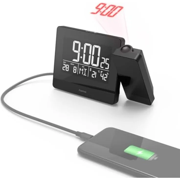 Hama Plus Charge, Wecker mit 360° Projektion, DCF-Funkuhr, USB-Anschluss für mobiles Aufladen, zwei Alarme, Hygrometer und Thermometer