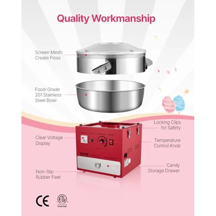 VEVOR elektrische Zuckerwattemaschine 1000 W, 52 cm Edelstahlschüssel, Zuckerschaufel, Schublade, rot, für Kindergeburtstage und Partys – Bild 5