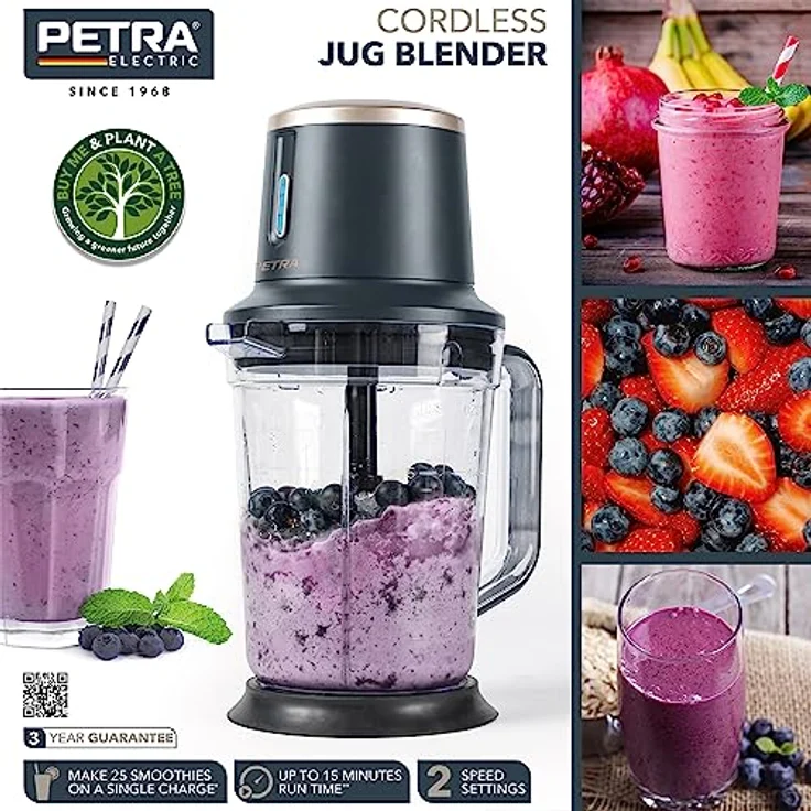 Petra PT5393BGRYVDE, kabelloser Kannenmixer & Deckel – wiederaufladbarer 10,8V-Akku, 2 Geschwindigkeiten, BPA-frei, 1,5L, Zerstoßen Sie Eis, Edelstahlklinge, rutschfester Sockel, Misst ml/l/Becher/oz – Bild 2