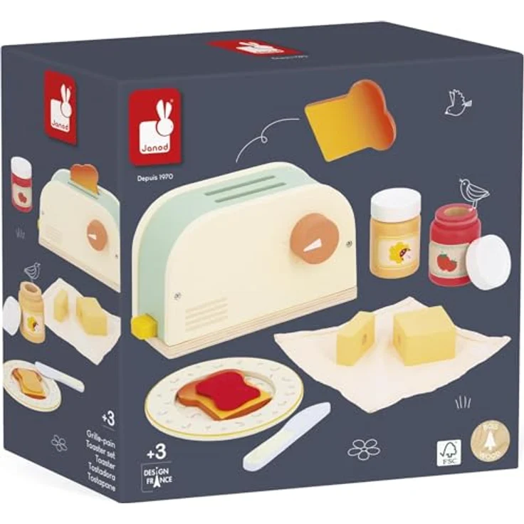 Janod Glänzendes Oma Toaster-Set, Rollenspielzeug aus Holz mit Toaster, Butter, Marmelade und Buttermesser, transparent – Bild 5