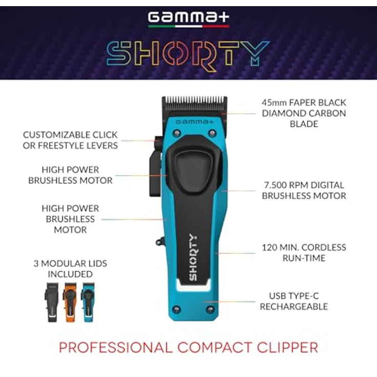 GAMMA+ Shorty Professioneller Herren-Haarschneider mit Brushless-EON-Motor, 120 Min Autonomie, Verstellbare Klinge, 4 Kämme, 3 Austauschbare, USB Typ C Kabel – Bild 3