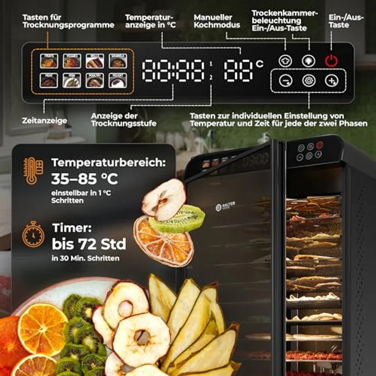 Balter Dörrautomat DA-106, Edelstahl Dörrgerät mit 12 Etagen, 1100 W, 70L Volumen, 12000 cm² Dörrfläche, 2 Phasen Trocknung, Timer bis 72 Std, BPA-frei, 35–75 °C – Bild 4