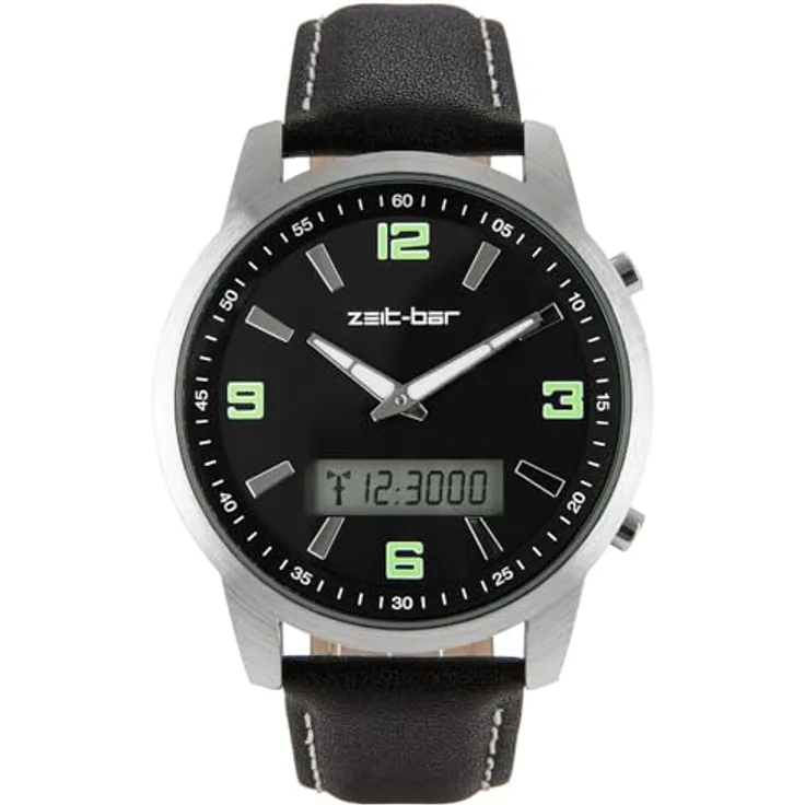 Zeit-Bar Funk-Armbanduhr Herren, Metallgehäuse, LED-Digitalanzeigen, Echtleder-Armband, schwarz