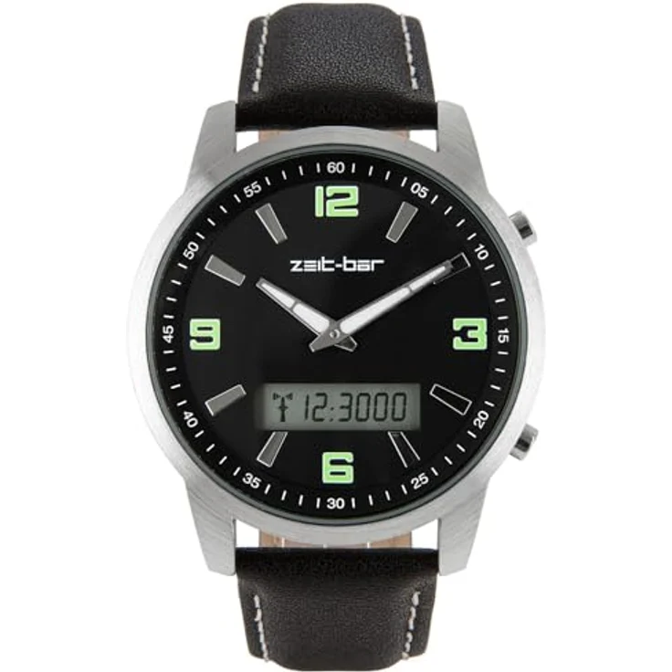 Zeit-Bar Funk-Armbanduhr Herren, Metallgehäuse, LED-Digitalanzeigen, Echtleder-Armband, schwarz – Bild 1