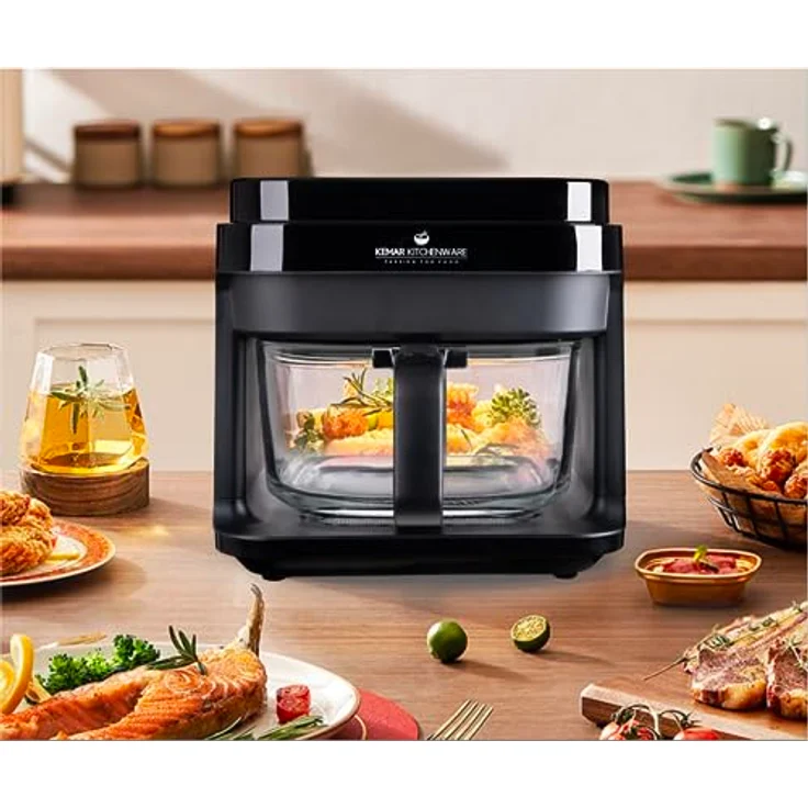 KeMar Kitchenware KHF-550 Heißluftfritteuse, 1200 W, 5,5 L Borosilikatglasbehälter, Edelstahl-Einsatz, Touch Display, 7 Programme, ohne Beschichtung – Bild 7