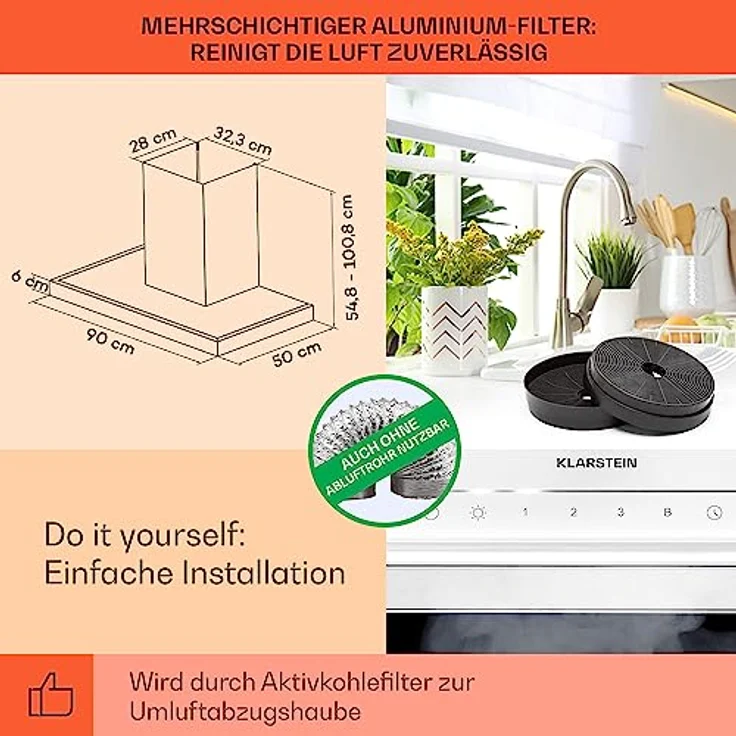 Klarstein Dunstabzugshaube 90cm, Abluft/Umluft Dunstabzugshaube mit Spülmaschinenfestem Filter, Abzugshaube Leise, 577 m³/h Luftstrom, Wandhauben für die Küche mit App Control, Dunstabzug 90 cm – Bild 5