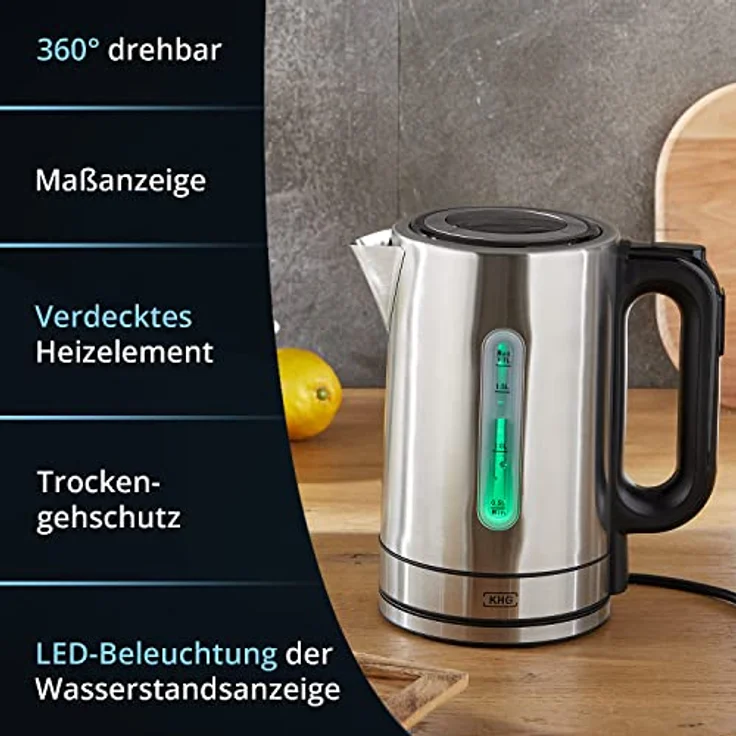 KHG Wasserkocher WK-1703 ES, Edelstahl, 1,7 Liter, 5 Temperaturstufen 50-100°C, Kalkfilter, Trockengehschutz, BPA-frei, 2200 Watt – Bild 3