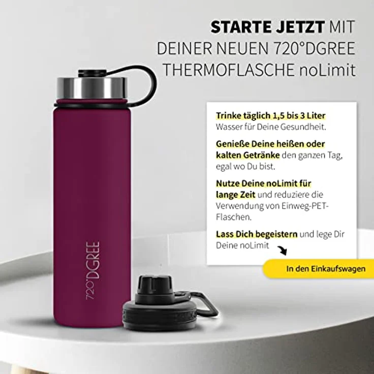 720°DGREE Edelstahl Trinkflasche Kinder 530ml “noLimit” - Auslaufsicher, BPA-Frei, Thermosflasche für Schule und Sport, inklusive Gratis Sportdeckel – Bild 5