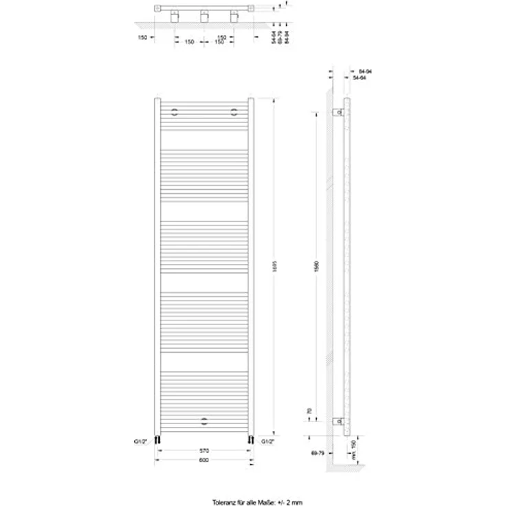 Schulte Bad-Heizkörper Turbo, 170 x 60 cm, 906 Watt Leistung, Anschluss beidseitig unten, alpin-weiß, Handtuchhalter-Funktion – Bild 3