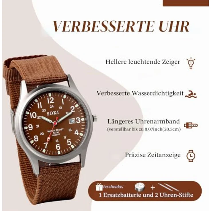 JewelryWe Militäruhr Herren, Analog Quarz Armbanduhr mit 12/24H Datum Kalender, Braun Nylonarmband und Leuchtzeiger, 10m wasserdicht – Bild 3