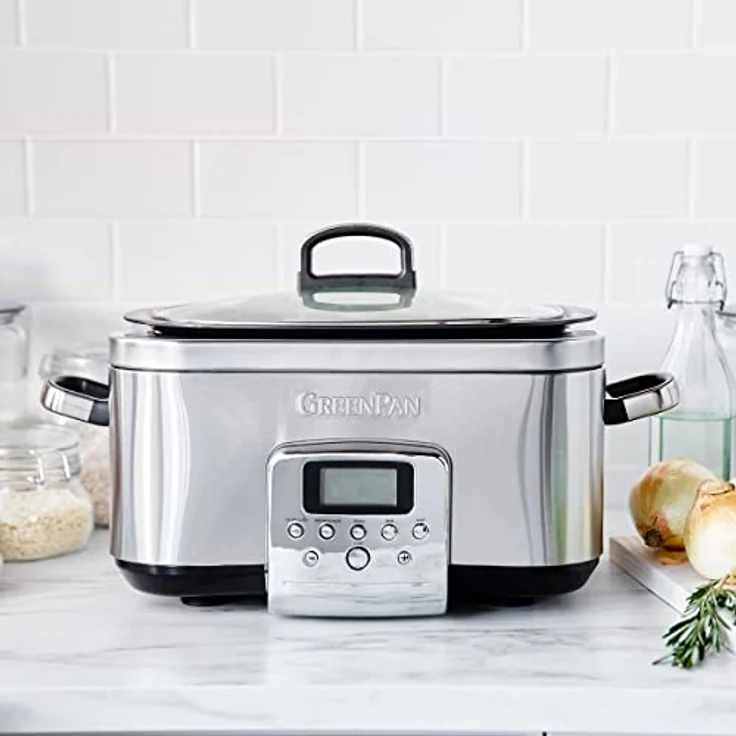 GreenPan Elite 8-in-1 programmierbarer 6L Slow Cooker Multikocher, spülmaschinenfester Deckel & Topf, gesunde keramische Antihaftbeschichtung zum Braten, Schmoren, mit Dampfgareinsatz, Edelstahl – Bild 2