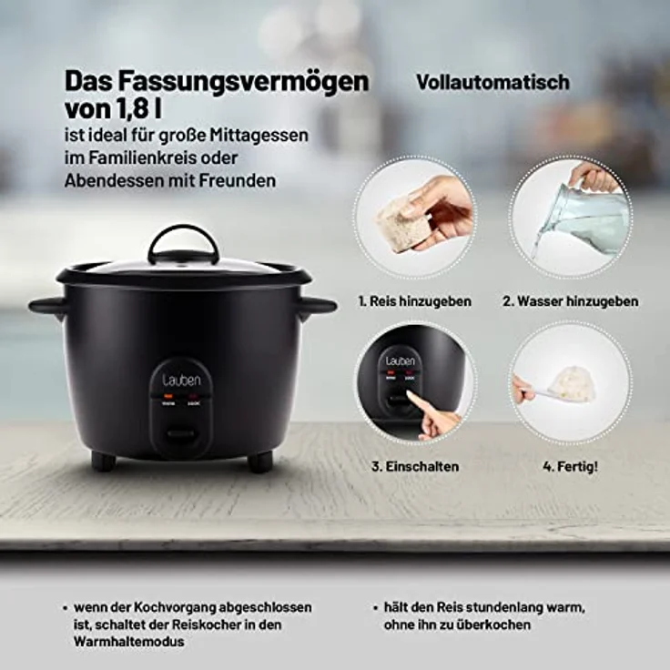 Lauben Rice Cooker 600BC Klein 0,6l, Metall-Dampfeinsatz, Glasdeckel, Dampfgarer, Antihaft, Cool-Touch, Warmhaltefunktion – Bild 2