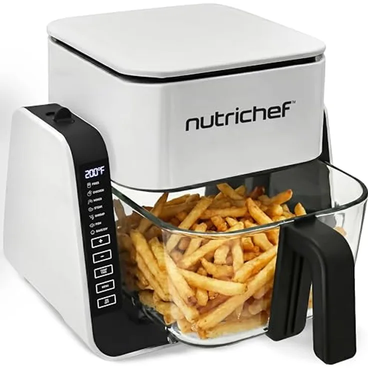 NutriChef 4L Airfryer & Elektrogrill, 7-in-1 Glas Heißluftfritteuse mit 1.2L Grillplatte, Frittieren, Grillen, Backen ohne Öl, für 4-6 Personen, 1500-1700W, transparentes Design