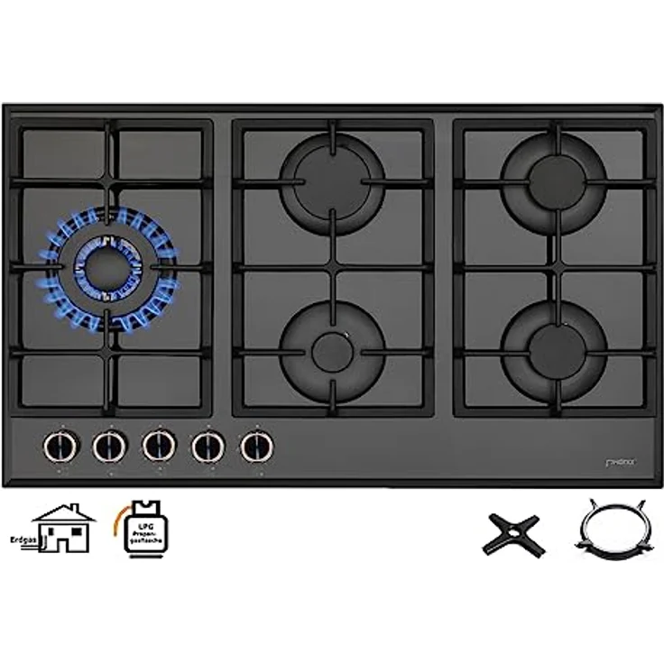 Phönix PG-901LT Einbau Gaskochfeld Glas Kochfeld Gaskocher 5 Kochplatten autark (freistehend- / Einbau- Gaskochfeld) inkl. WOK-Aufsatz + Gasherdkreuz - Preisvergleich – Bild 2