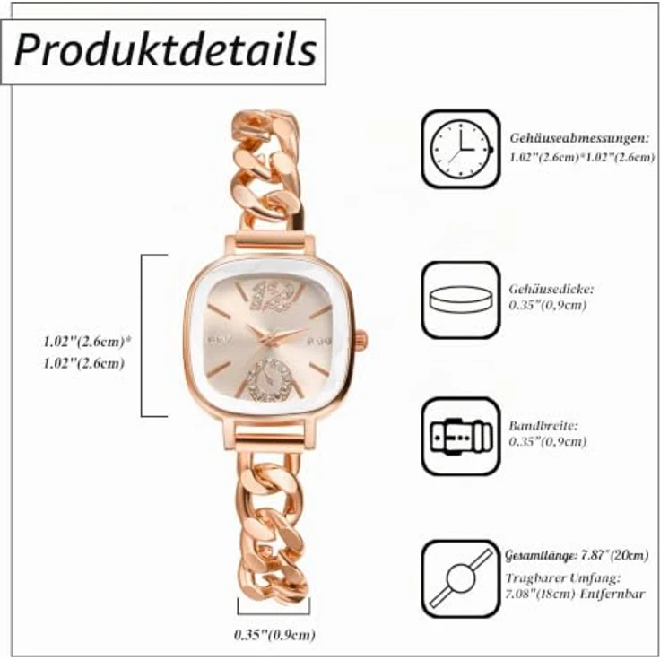 JewelryWe Kleine Quadratische Damenuhr, Glitzer Zirkonia, Analog Quarz, Rosegold mit Kubanischem Edelstahlarmband und Eckigem Zifferblatt – Bild 5