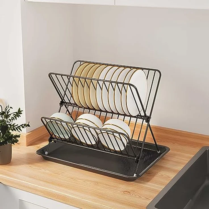 Retoo Abtropfgestell Geschirr, Geschirrabtropfgestell, Faltbarer Abtropfkorb, Trockengestell für Teller mit Besteckhalter, Abtropfständer, Abtropfgitter, Geschirrtrockner, Utensilienhalter – Bild 2