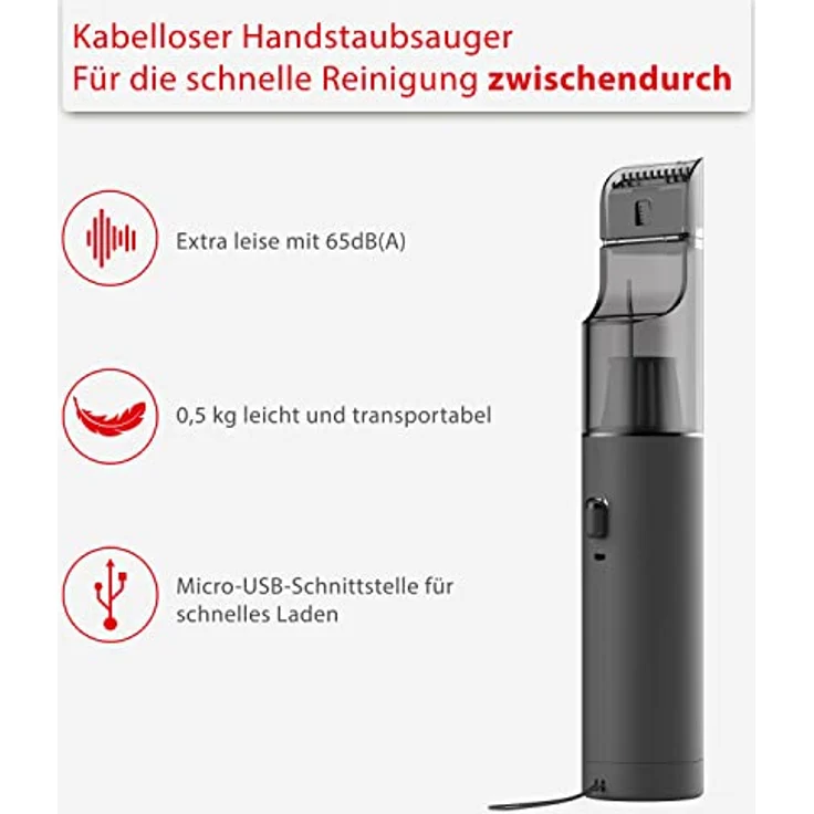 Roidmi Schwarz P1 Akku-Staubsauger, Handstaubsauger, HEPA Filter, bis zu 25 Minuten Akkulaufzeit, hohe Saugleistung mit 6.000 Pa, USB-Anschluss, Geräuscharm, LED-Beleuchtung – Bild 3
