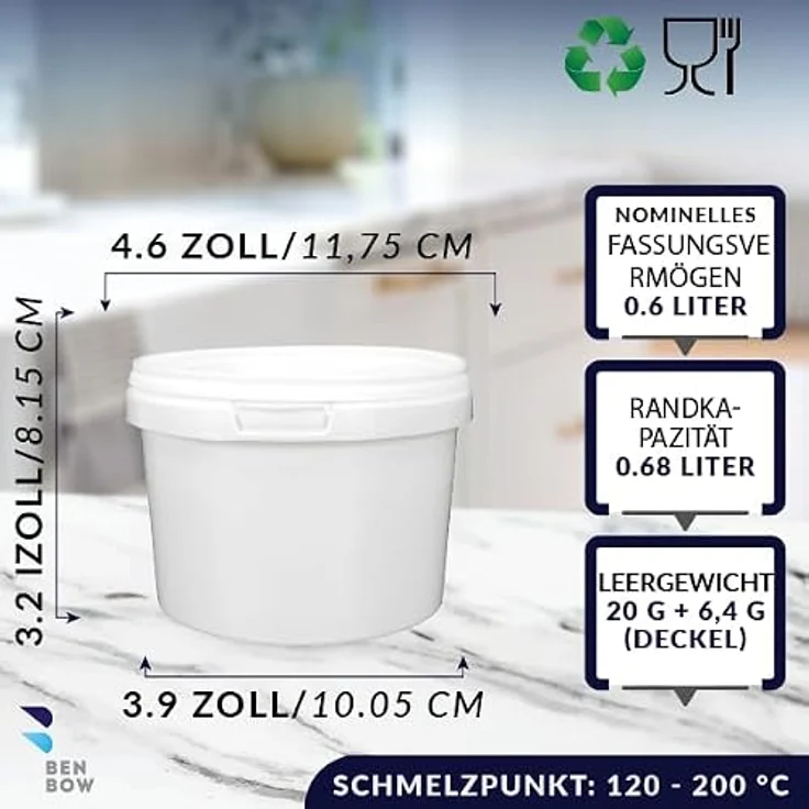 BenBow Eimer mit Deckel 0,5l weiß 5X 0,5l - lebensmittelecht, stabil, luftdicht - auslaufsicher, geruchsneutral - Aufbewahrungsbehälter aus Kunststoff - leer – Bild 4