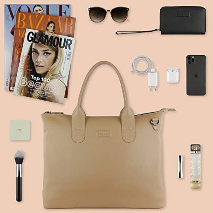 Bugatti Elsa Shopper, hochwertige Tote Bag aus genarbtem Rindleder, Farbe Nude, 38 x 13.5 x 29 cm, inkl. Schultergurt – Bild 5
