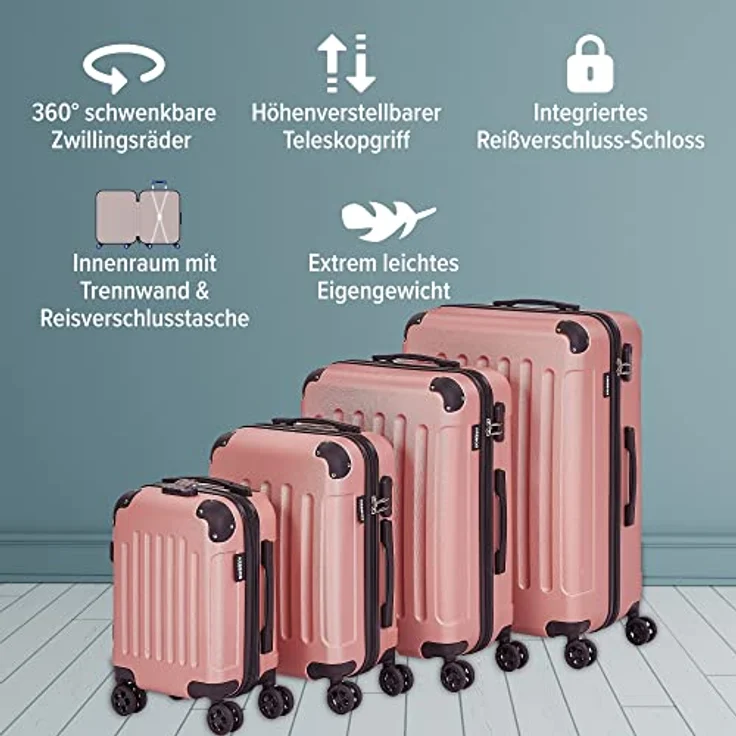 Arebos 4tlg. Hartschalenkofferset I ABS-Hartschale I Trolley Kofferset I Reisekoffer mit Teleskopgriff I Inkl. Reißverschluss-Schloss, 360° Rollen I Reisekofferset S-M-L-XL | Rosé-Gold – Bild 3