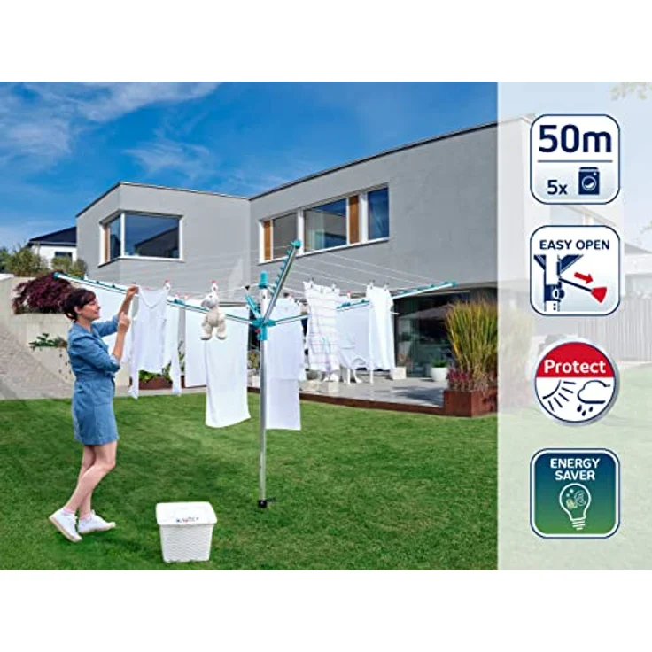 Leifheit Wäscheschirm Linomatic 500 Easy inkl. Schutzhuelle, Leineneinzug für saubere Wäsche, Wäschespinne mit Easy-Lift-System und Bodenhülse, 50m Leinenlänge für 5 Wäscheladungen  – Bild 3