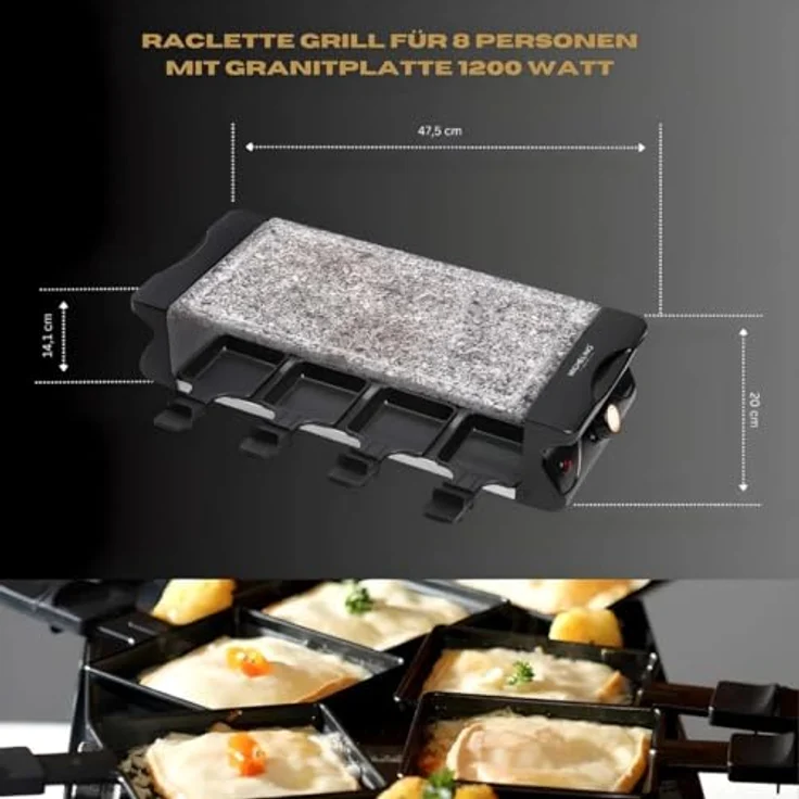Michelino Raclette Michelino Raclette BBQ-Grill für 8 Pers. mit 8 Steinplatte ganz, 1200W und Antihaftbeschichtung – Bild 3