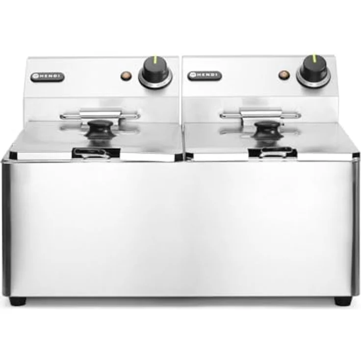 HENDI Fritteuse, einstellbar bis 190°C, Kaltzone, mit Frittierkorb und Deckel, Entnehmbar Becken, Sicherheitsthermometer, 2x8L, 230V, 7000W, 550x430xH345mm, Edelstahl – Bild 2