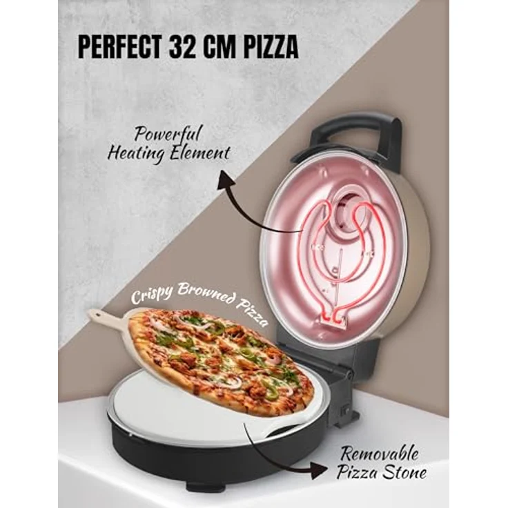 Bestron Pizzaofen APZ500SAT, elektischer Pizzaofen mit bis zu echten 320°C Höchsttemperatur, inkl. Schamottstein & 2 große Holzspatel, Satin Collection, Beige – Bild 3