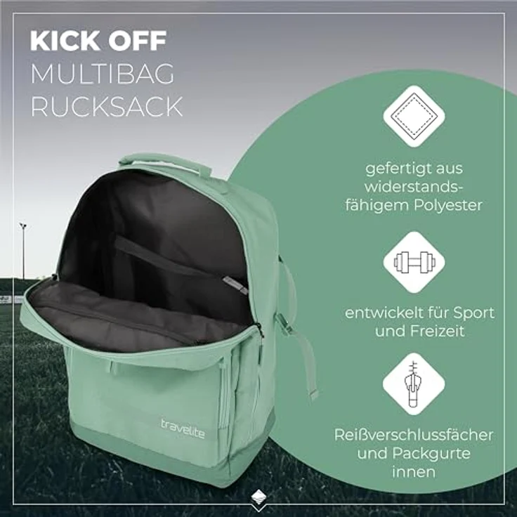 travelite KICK OFF Freizeitrucksack, geräumiger Rucksack für Sport und Freizeit, Handgepäck geeignet, Polyestergewebe, Schwarz mit Akzenten – Bild 2