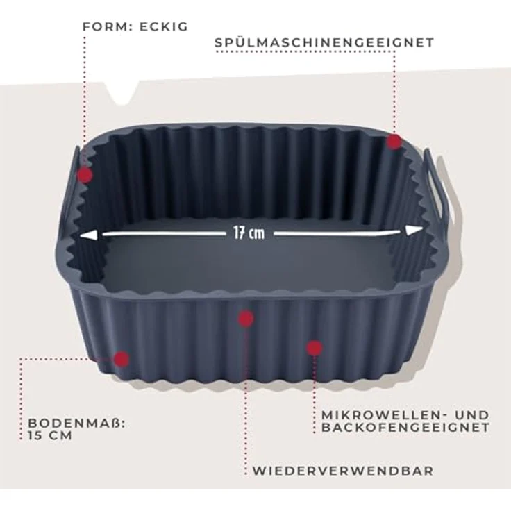Fackelmann Silikonform für Heißluftfritteuse, 17 cm eckig, aschgrau, antihaftbeschichtet und spülmaschinengeeignet für knusprige Gerichte – Bild 2