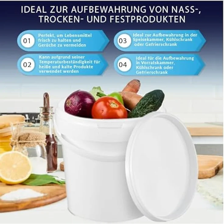 BenBow Eimer mit Deckel 10l weiß - lebensmittelecht, stabil, luftdicht, auslaufsicher, geruchsneutral - Aufbewahrungsbehälter aus Kunststoff, mit Griff - leer, 1x 10 Liter – Bild 3