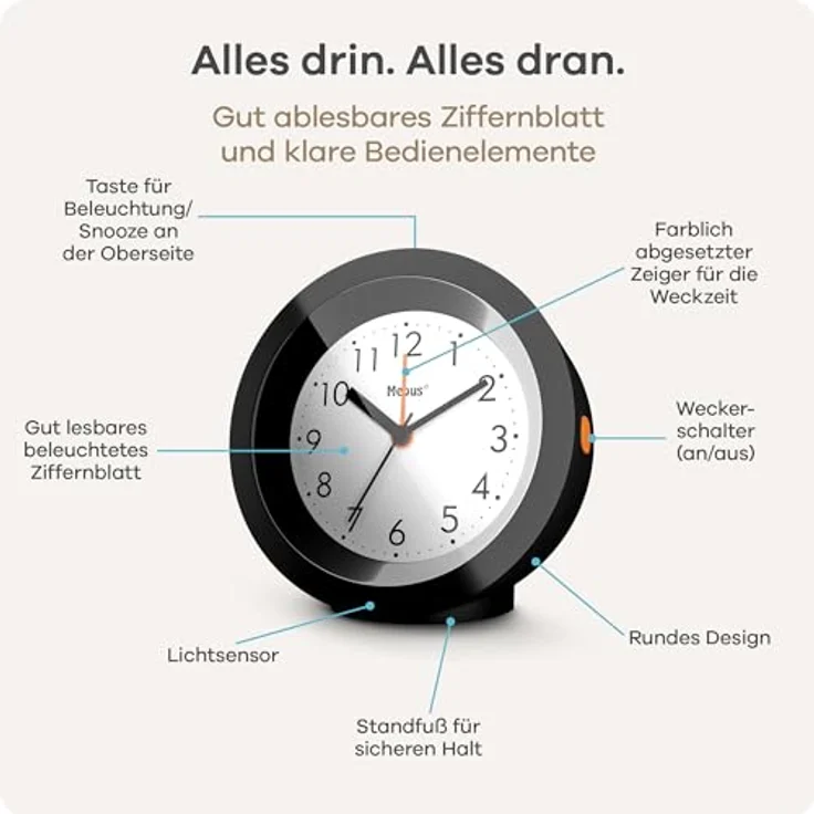 Mebus 25628, analoger Quarz-Wecker mit Lichtsensor, Weckwiederholung, lautlos und gut ablesbarem Zifferblatt, runde Form, 10 cm, schwarz – Bild 5
