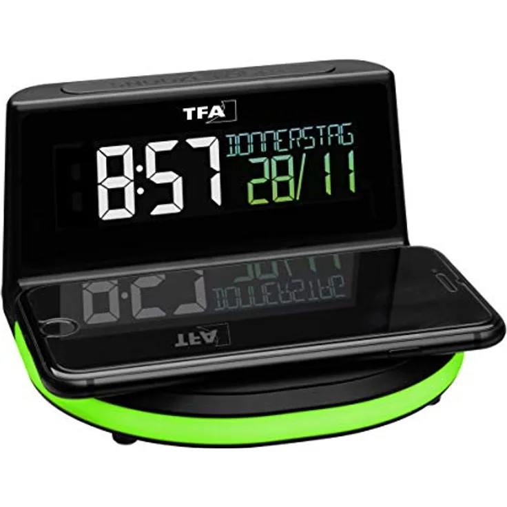 TFA Dostmann Charge-IT Wireless Digitalwecker 60.2028.01, mit kabelloser Qi-Ladestation, Farbdisplay, Datum, Raumtemperatur, Weckalarm und Snooze-Funktion, schwarz
