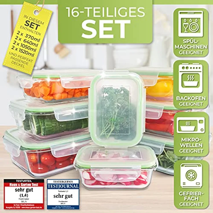 Fresh Master Frischhaltedose Glas Set - 100% auslaufsichere + luftdichte Vorratsdosen - BPA frei - Spülmaschinenfest - Mikrowellen, Backofen, Gefrierschrank geeignet - 16 teilig – Bild 5