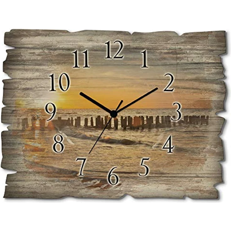 ARTLAND Wanduhr ohne Tickgeräusche aus Holz Funkuhr 40x30 cm Rechteckig Lautlos Strand Meer Sonnenuntergang Ostsee Maritim T3ZU – Bild 1