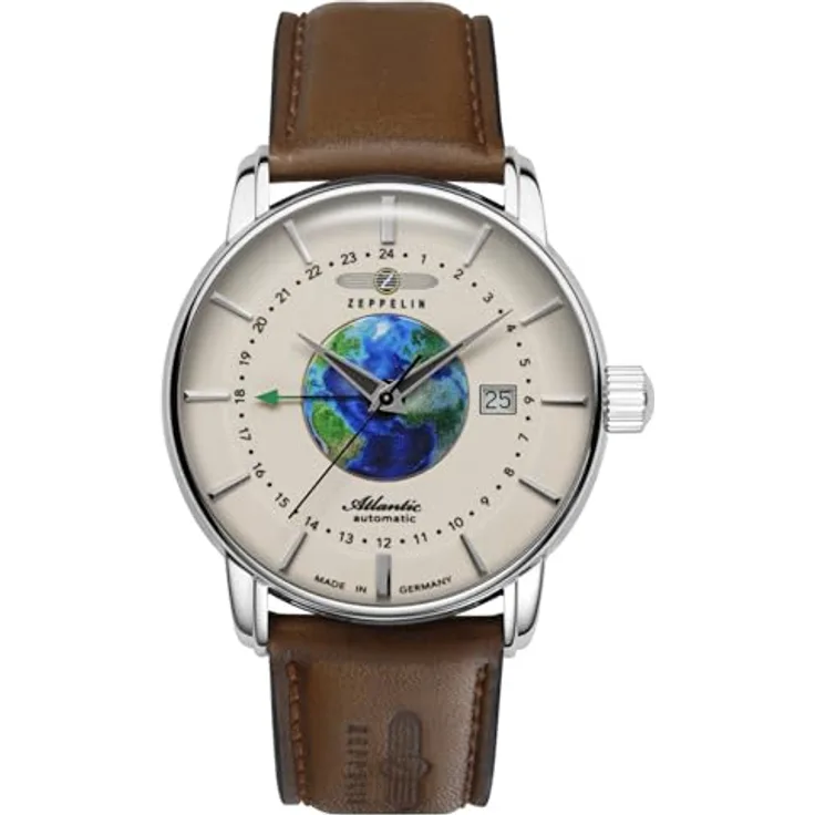 Zeppelin Herrenuhr Serie Atlantic Automatik mit GMT und braunem Lederarmband 8468-5
