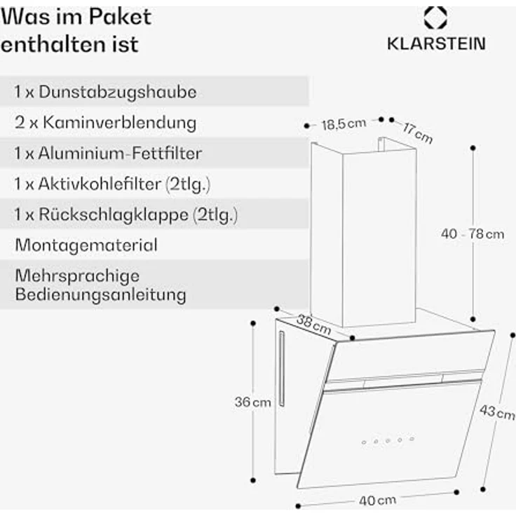 Klarstein Alina Dunstabzugshaube – 540 m³/h, Touch-Bedienfeld, LED-Beleuchtung, Energieeffizienzklasse A, 3 Leistungsstufen, Umluftbetrieb, Schwarz, Wandhaube – Bild 7