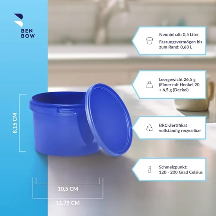 BenBow Eimer mit Deckel 0,5l blau 10x 0,5 Liter - lebensmittelecht, stabil, luftdicht, auslaufsicher, geruchsneutral - Aufbewahrungsbehälter aus Kunststoff – Bild 2