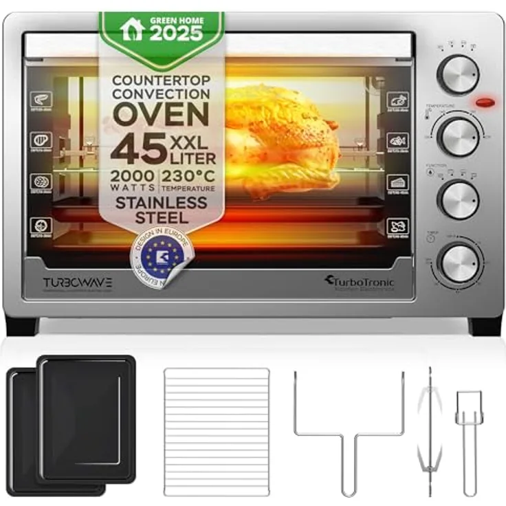TurboTronic Elektrobackofen 45L, Edelstahl Tischbackofen mit Umluft, Grill & Drehspieß, Timer & Doppelglastür für Pizza, Braten & Aufläufe