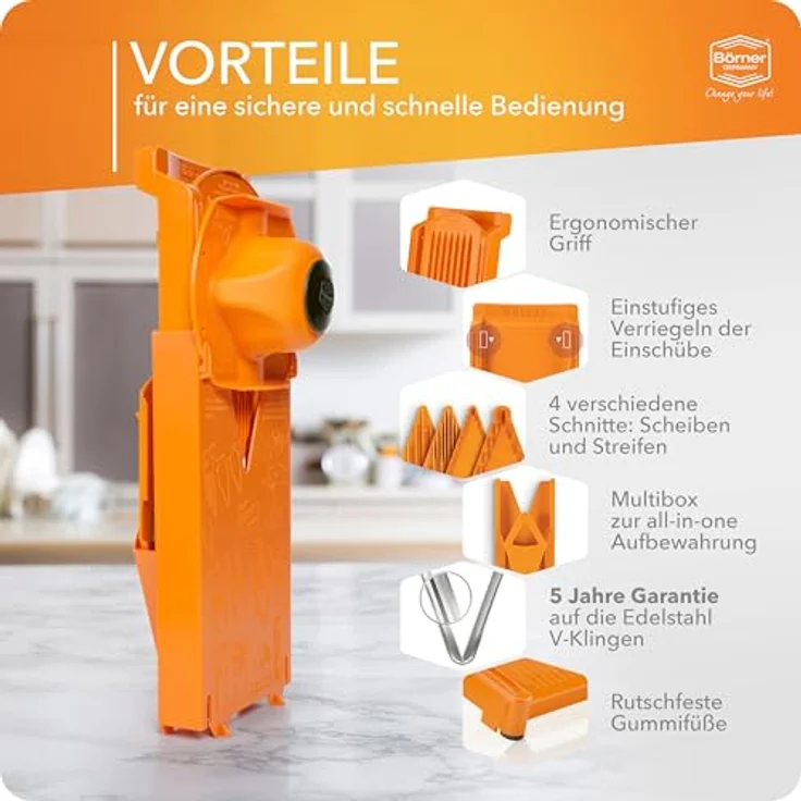 Börner Gemüsehobel V3 TrendLine, Kunststoff, mit Restehalter und Multibox orange – Bild 6