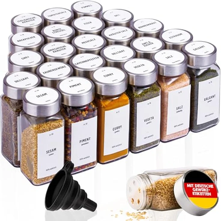 Deco haus® Gewürzgläser eckig, 24er Set mit Schraubkappen, lebensmittelecht, luftdicht, inkl. Etiketten & Streueinsatz – Bild 1