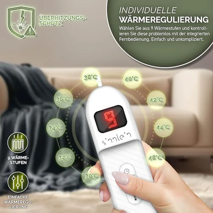 sinnlein Heizdecke aus Plüsch 160 x 120 cm grau elektrische Wärmedecke mit Abschaltautomatik und Timer 9 Temperaturstufen waschbar – Bild 5