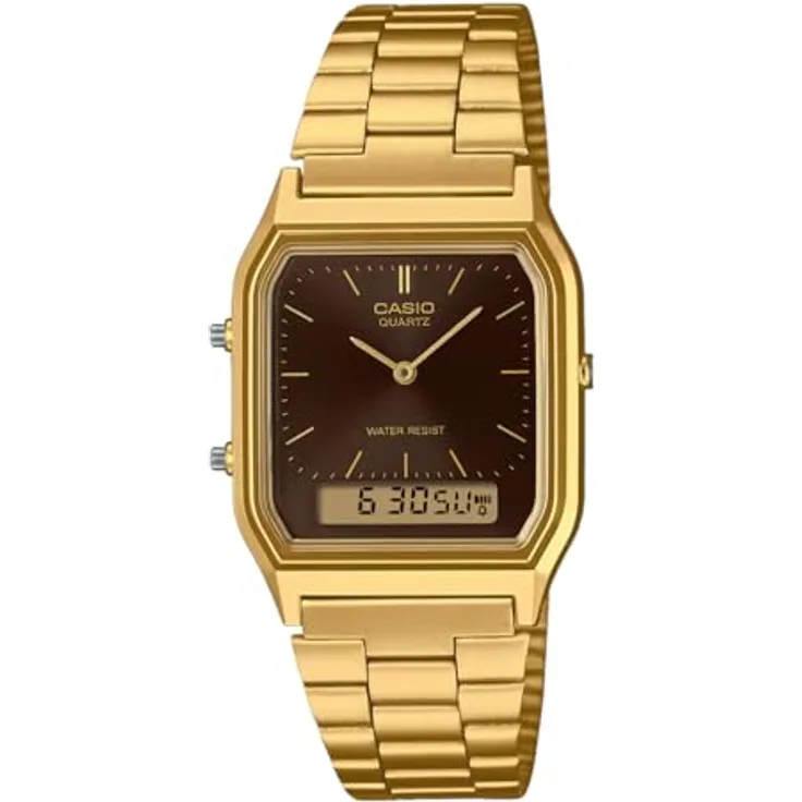 Casio Collection Edgy Armbanduhr Ana-Digi Goldfarben/Braun AQ-230GA-5AMQYES, Edelstahl beschichtet gold, braunes Zifferblatt