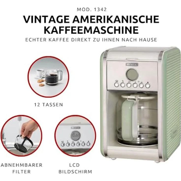 Ariete 1342-04-green 1342 1342GR 12-Tassen-Kaffeemaschine Vintage, 2000 W, grün, Edelstahl, rostfrei – Bild 3